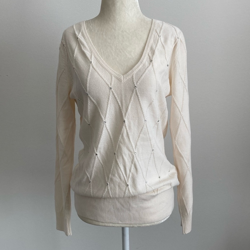 New York & Company Argyle Pattern with Rhinestones V-neckline Sweater
